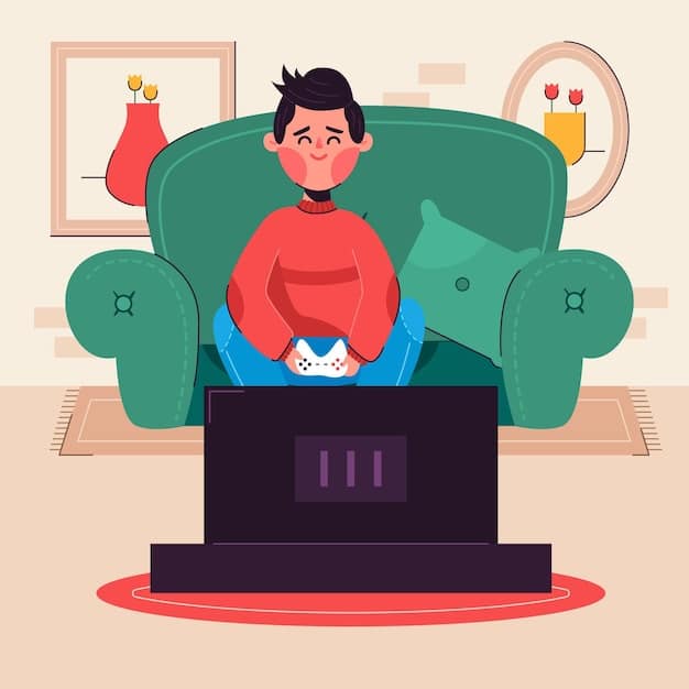 An illustration of a person sitting comfortably on a couch, using a large flat-screen TV to stream a live King's League match. The scene also includes snacks, drinks, and a cheering gesture.