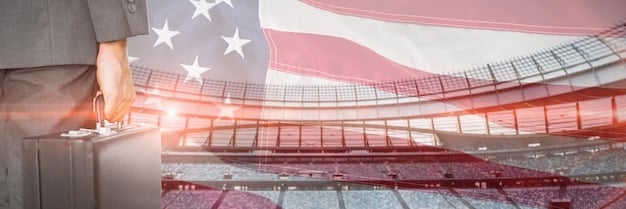 A panoramic view of a packed soccer stadium in the United States, during a match. Fans are cheering, holding scarves, and waving flags, showing the vibrant atmosphere.