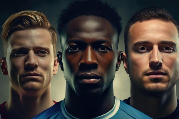 A digital illustration showcasing headshots of several top-performing players from the King's League, each wearing their respective team jerseys, arranged in a dynamic collage overlaid with stats such as goals, assists, and save percentages.