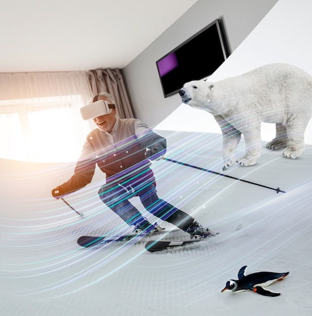 A digital rendering or concept art of new technological features being implemented during a Kings League Americas game, such as VR viewing options or advanced data analytics displayed on screen.