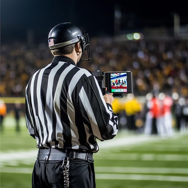 A close-up of a Kings League referee using a VAR system, with multiple screens showing different angles of a play. The referee is focused and communicating with someone off-screen.