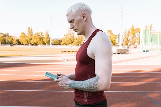A sports scientist is analyzing data on a tablet, tracking the performance metrics of a Kings League player. The player is running on a treadmill in the background, wearing sensors.
