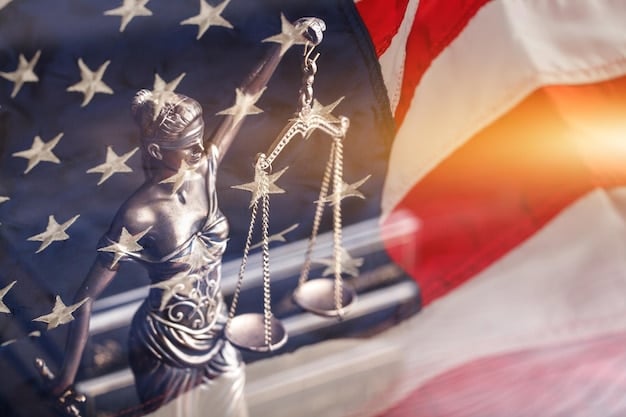 A scale of justice with the Kings League logo subtly imprinted on one side. The background includes legal documents and the US flag, depicting the legal balance the league needs to maintain in the US.