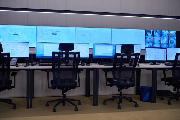 A close-up shot of a security control room during a Kings League event. Multiple screens display live feeds from security cameras placed throughout the stadium. Security personnel are monitoring the screens attentively, with communication headsets on, ensuring comprehensive surveillance of the venue.