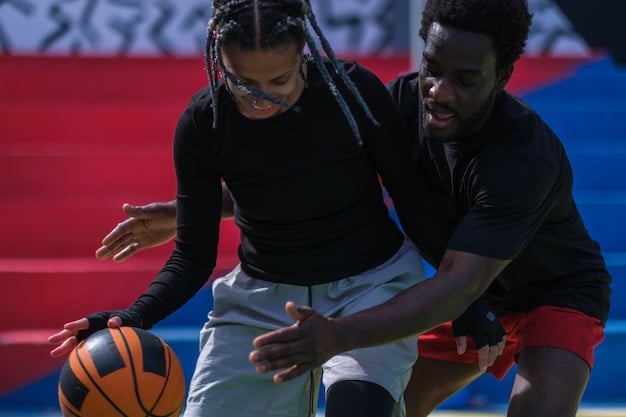 Alex Johnson skillfully dribbling the ball during a Kings League USA game, evading a defender with quick footwork. The focus is sharp on his face, showing intense concentration. The background features the blurred silhouettes of spectators and stadium lights.