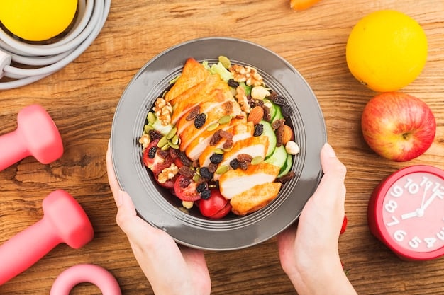 A close-up of a plate filled with a balanced meal for an athlete, including lean protein, complex carbohydrates, and colorful vegetables. The lighting is bright and emphasizes the freshness and nutritional value of the food.